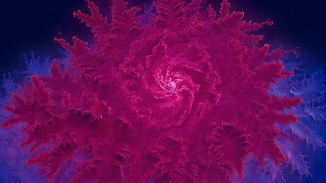 Complex fractal design in shades of pink and blue creating a spiral pattern