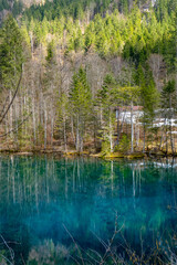 Obraz premium Frühlingsstimmung am Christlessee im Allgäu, klarer Bergsee inmitten der Alpenlandschaft.