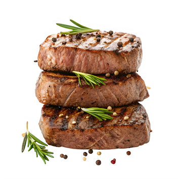 A tall stack of three grilled beef steaks seasoned with fresh rosemary sprigs and whole peppercorns isolated on transparent background