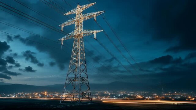 High voltage power line electricity pylon night cityscape illuminated energy infrastructure urban landscape dramatic sky long exposure technology transmission utility outdoors glowing lights