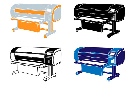 Four large-format printers in different color schemes were displayed side by side