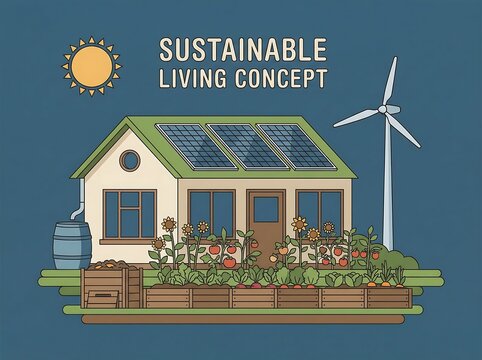 Sustainable Living Concept Eco-Friendly House with Solar Panels, Wind Turbine, and Vegetable Garden