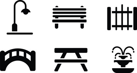 park furniture icons set, street lamp bench fence bridge picnic table fountain silhouettes, urban outdoor landscape illustration collection © LatifunNahar