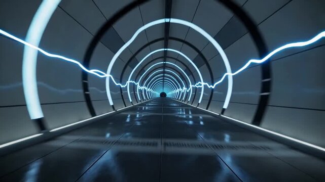 A mesmerizing digital tunnel with glowing electric currents evokes a sense of speed, innovation, and the future. Ideal for tech, science, or futuristi