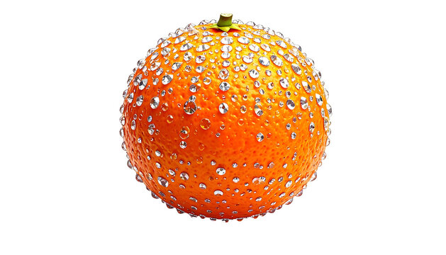 An orange fruit bedazzled with sparkling gemstones, isolated on a black backdrop