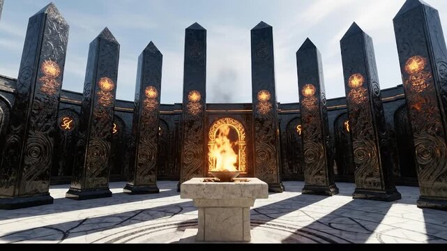 Ancient Stone Circle with Central Fire Altar and Dramatic Lighting.