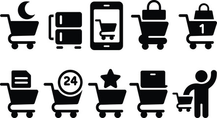Online shopping cart icons set, ecommerce mobile app, delivery cart, 24 hour service, customer purchase vector glyph symbols © LatifunNahar