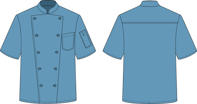 Professional chef uniform jacket vector, blue short sleeve cook coat template for restaurant and cafe apparel