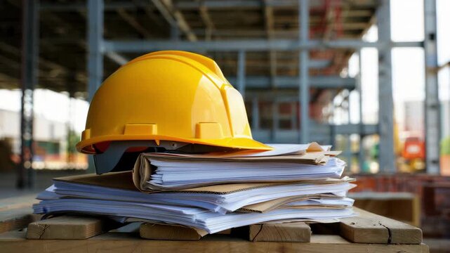Construction hard hat on stacked blueprints on wooden planks, site plans permit folders, safety compliance documents, contractor records, project files, on-site supervision materials, permit