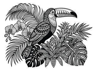 Fototapeta premium Intricate engraving illustration of toucan perched on tropical foliage depicting exotic rainforest scene for decorative design
