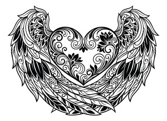 Naklejka premium Ornate engraving illustration of winged heart depicting decorative flourish pattern for romantic and tattoo design