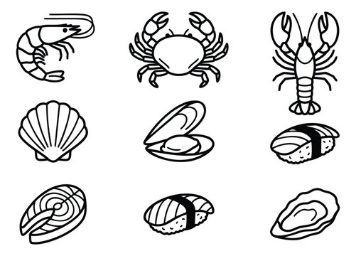 Outline icon set of 9 seafood symbols featuring shrimp, crab, lobster and shellfish for restaurant menu design