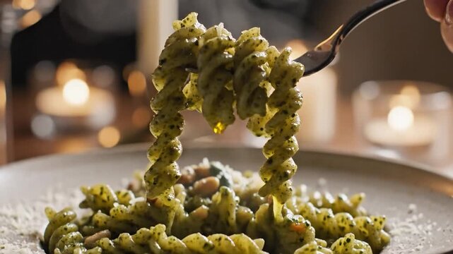 Delicious pesto pasta dish with pine nuts and parmesan cheese served on plate with fork in warm candlelight setting