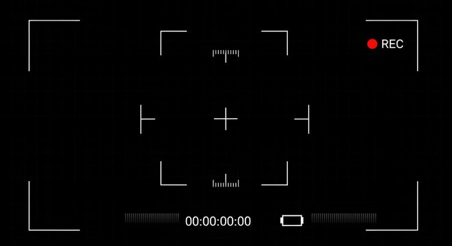 Modern camera recording interface with white focus frame, red REC indicator, and timestamp on black background for surveillance technology