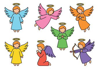 Naklejka premium Cartoon icon set of 7 angels featuring colorful wings and halos in various poses for religious and Christmas design