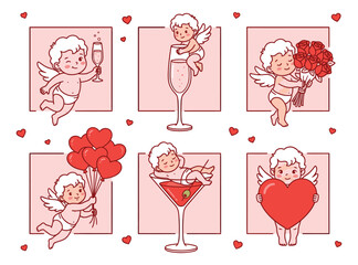 Naklejka premium Cartoon icon set of 6 Valentine cupid characters featuring wine glasses, flowers and heart balloons for romantic design