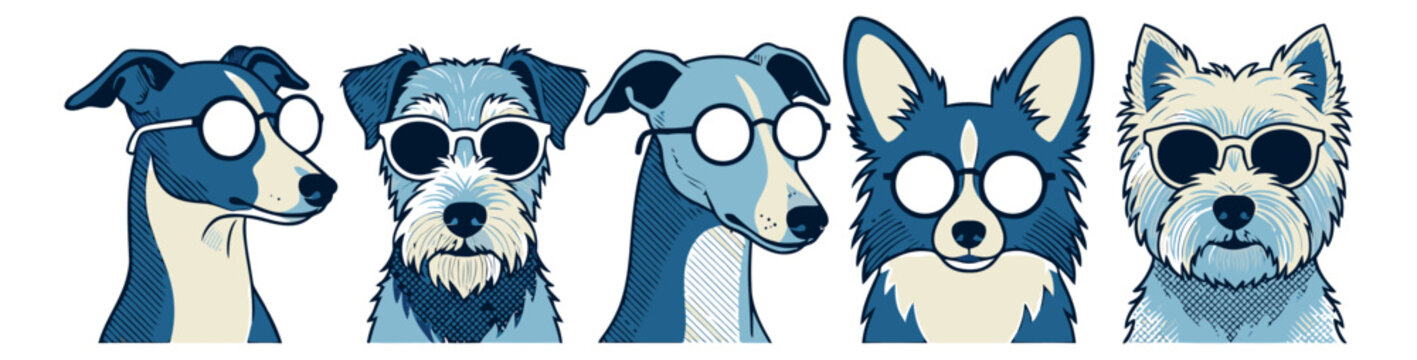 Flat illustration set of 5 dog breed portraits featuring textured pet characters for animal and veterinary design