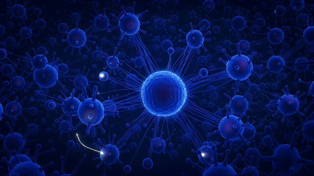 Numerous detailed blue viruses under the microscope for scientific educational representation