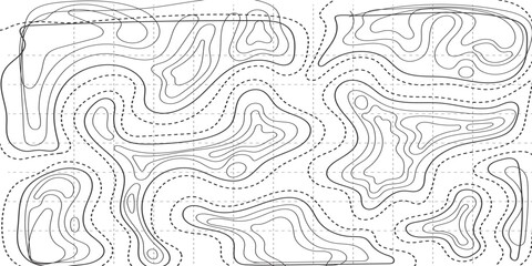 Abstract topographic contour map pattern with flowing elevation lines and grid background. © Riyan