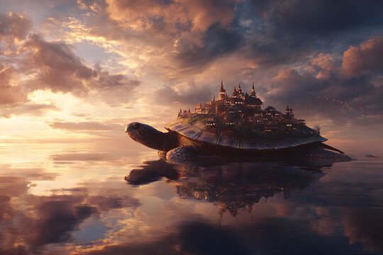 Mystical Floating Island: A fantastical landscape of a gigantic turtle gracefully gliding across serene water, carrying a stunning ancient city. This scene is reminiscent of myth and legend.