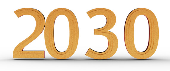 2030 year numerical sign made in gold color on white background, indicating future, planning, or...