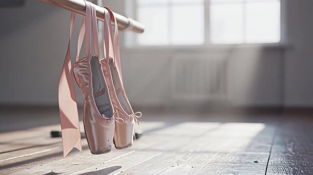 Ballet Pointe Shoes Hanging on a Barre in a Dance Studio with Sunlight Streaming Through the Window.