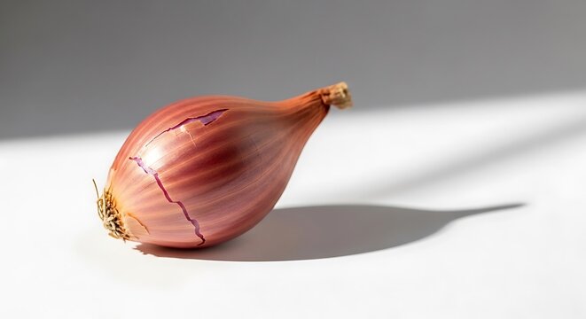A single raw shallot with delicate papery skin resting on a clean white surface with sharp shadow. echalotte