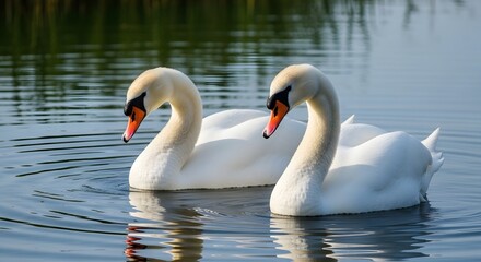 Naklejka premium Two white swans swimming peacefully in a serene body of water