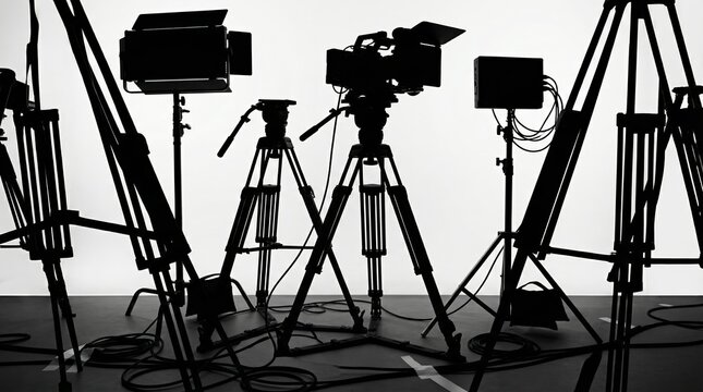 Silhouette of various film and video production equipment set up in a photography studio environment. Generative AI.