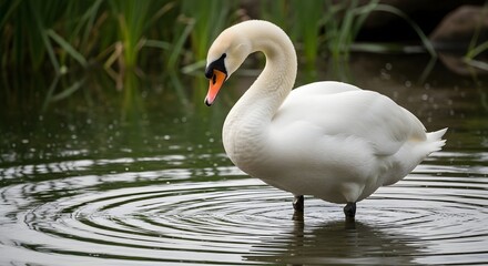 Fototapeta premium A white swan standing in calm water with ripples around it