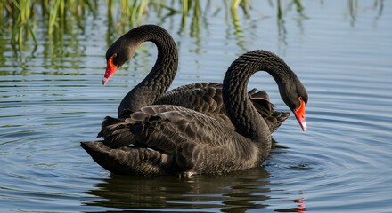 Obraz premium Two black swans swimming peacefully in a serene body of water
