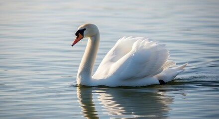 Obraz premium A white swan swimming peacefully in calm water with its reflection visible