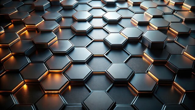Abstract Hexagonal Grid Pattern with Illuminated Edges, a Modern Geometric Design Featuring Dark Metallic Hues and Warm Amber Accents