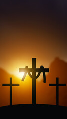 Naklejka premium A dramatic silhouette of three crosses on a hill against a glowing sunset. The central cross features a draped cloth, representing the resurrection and Easter story