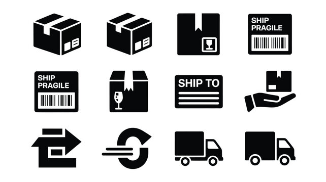 Black vector shipping and delivery icons set including boxes labels trucks and handling symbols for logistics and transportation themes