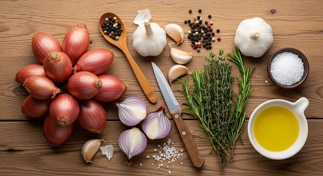 A top down view of fresh shallots, garlic, herbs, olive oil and spices on a rustic wooden table. echalotte