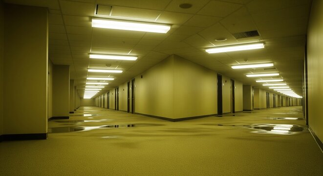 An endless, yellow-toned hallway with fluorescent ceiling lights and beige walls, reminiscent of the "Backrooms" internet aesthetic.