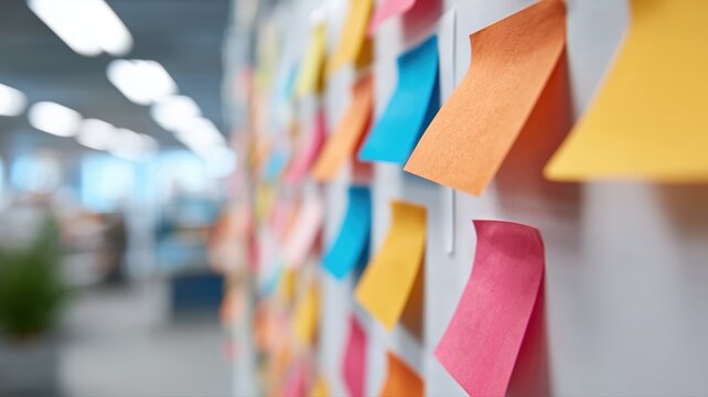 Agile Methodik und Projektmanagementkonzept mit farbigen Haftnotizen auf transparenter Tafel f&uuml;r Gesch&auml;ftsinnovationen