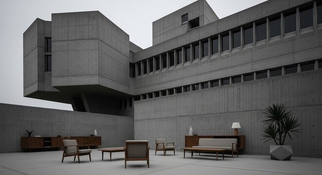 A massive gray concrete brutalist building with sharp angles and a minimalist outdoor lounge area with retro furniture.