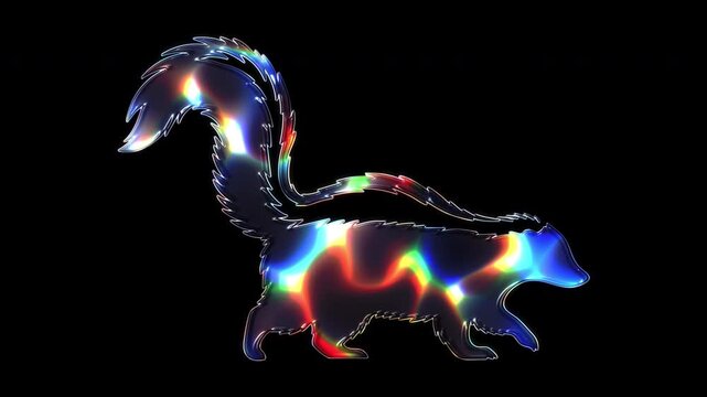 A skunk shimmering with various colored lights on a glass-like surface with an alpha channel. Seamless loop video.