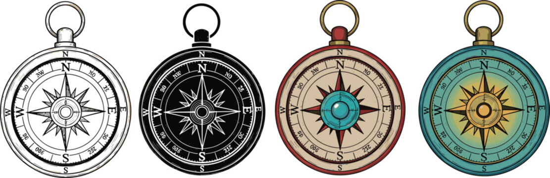 Set of vintage compass illustrations, black and white and colored, navigation tool vector collection, directional instruments, nautical travel exploration design