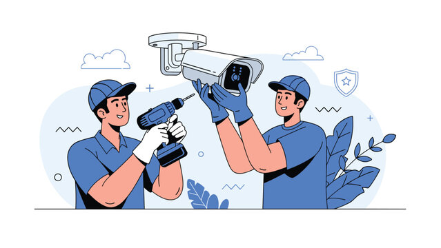 Two professional technicians in blue uniforms and caps work together to install or repair a white security surveillance camera on a wall.