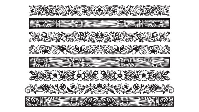 Decorative Horizontal Borders with Floral Vines and Rustic Wood Grain Patterns