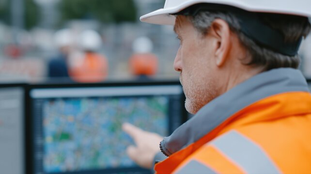 Ein Bauingenieur bespricht die Entw&auml;sserungsplanung in einer Baubesprechung mit hellen und kontrastreichen Farben.