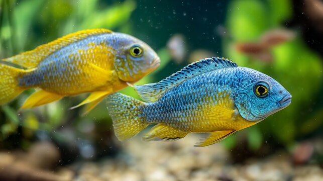 Yellow and blue cichlid fish swim in a lively freshwater aquarium.