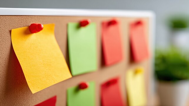 Bunte Notizen und Stecknadeln auf einer Korktafel f&uuml;r kreative B&uuml;roplanung und -organisation
