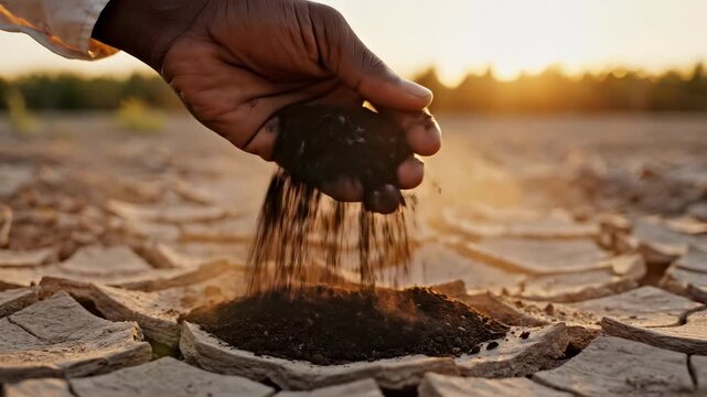 Soil erosion and environmental impact. A hand holds dry soil, showcasing effects of drought and climate change. Natural landscape reflects urgent need for ecological awareness.