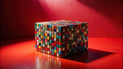 Obraz premium A vibrant multicolored cube composed of many small squares sits on a solid red surface, illuminated by a dramatic light source.