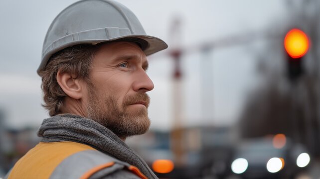 Bauarbeiter beobachtet den Baufortschritt in Schutzausr&uuml;stung im st&auml;dtischen Umfeld