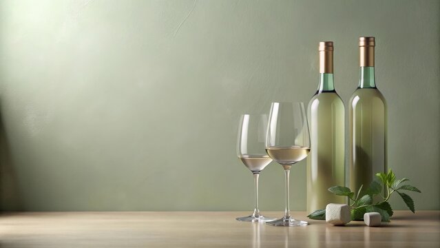 Elegant Still Life Featuring Two Bottles of White Wine and Two Wine Glasses on a Tabletop